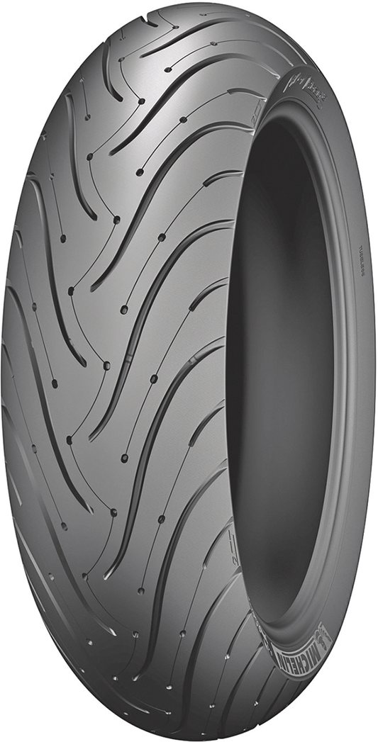 Michelin Pilot Road 3 rear motorcycle tire 160/60ZR18 with sidewall tread pattern and brand logo visible.