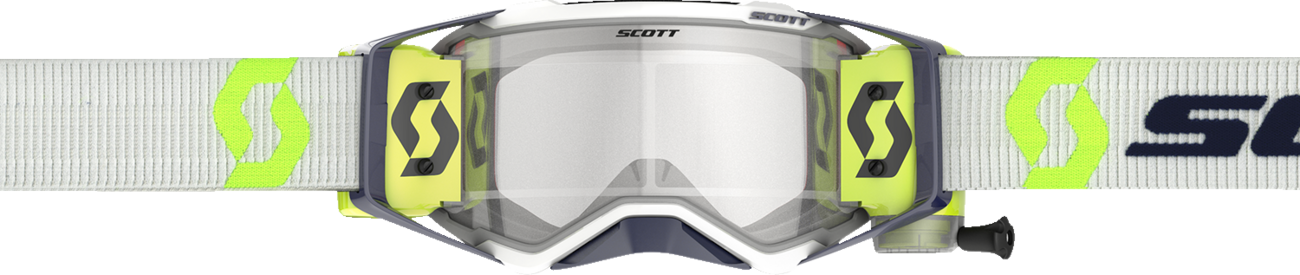 Scott Prospect WFS goggles in gray and yellow with clear lenses, designed for engine protection and visibility.
