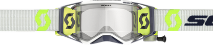 Scott Prospect WFS goggles in gray and yellow with clear lenses, designed for engine protection and visibility.