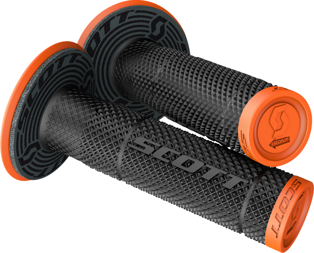 Scott SX II motorcycle grips in orange and black attached to an engine, showcasing durable rubber design with textured grip surfaces.