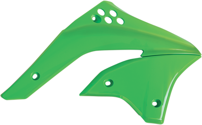 Green ACERBIS radiator shrouds for motorcycle body, featuring the brand's distinctive design and vibrant color.