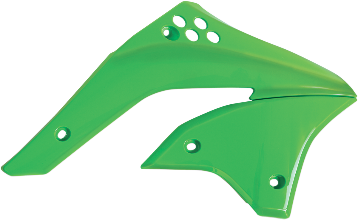 Green Acerbis radiator shrouds for motorcycle body, designed for durability and style, with visible mounting points and sleek finish.