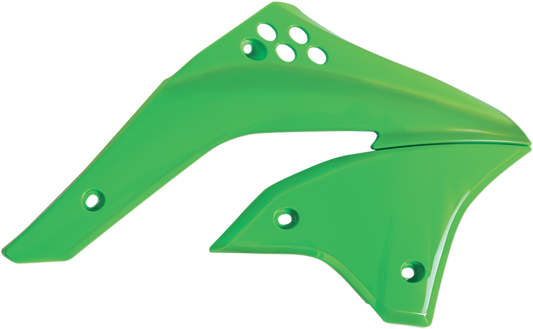 Green Acerbis radiator shrouds for motorcycle body, designed for durability and style, with visible mounting points and sleek finish.
