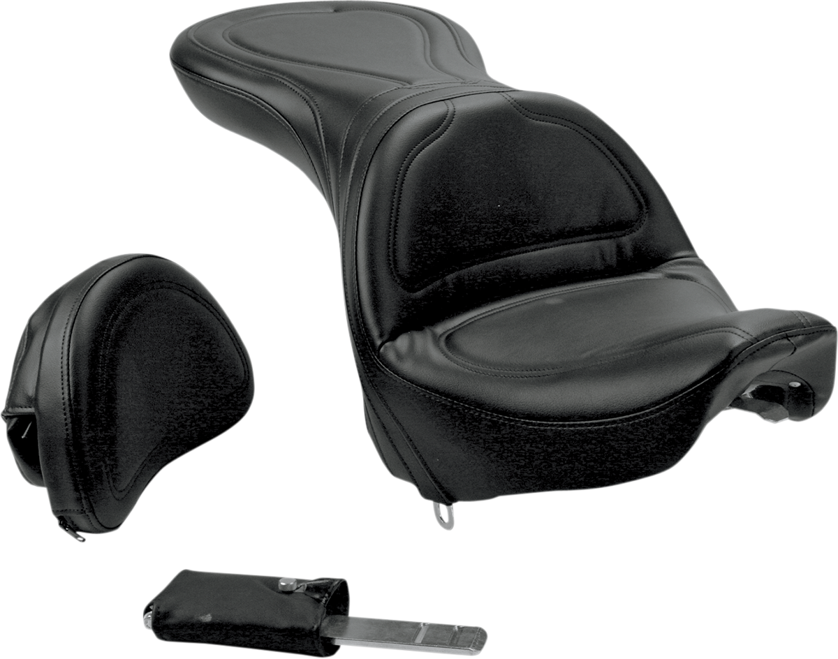Black SADDLEMEN Explorer motorcycle seat with stitched design and backrest for Deuce 8252JS, featuring a comfortable, durable build.