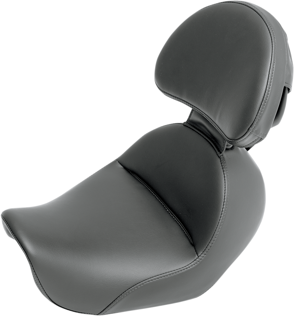 Black Saddlemens Heels Down Solo Seat with backrest for Dyna motorcycles, featuring a plain design and durable construction.