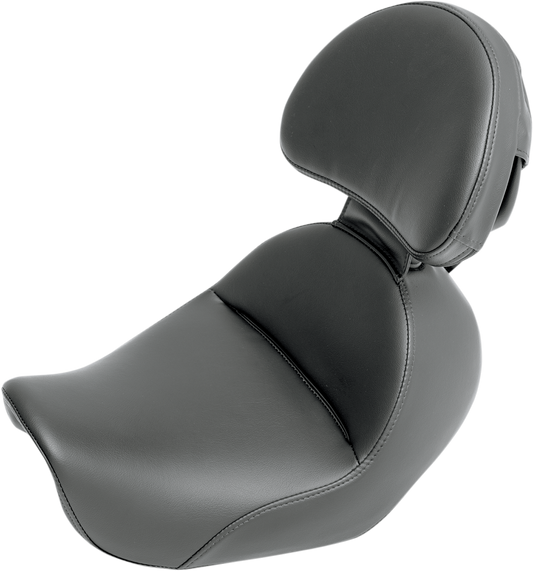 Black Saddlemens Heels Down Solo Seat with backrest for Dyna motorcycles, featuring a plain design and durable construction.