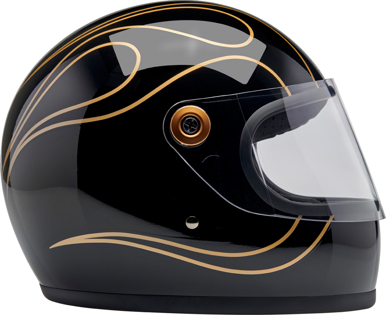 BILTWELL Gringo S helmet in gloss black with flame design, small size, featuring a sleek motorcycle helmet style.