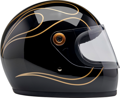 BILTWELL Gringo S helmet in gloss black with flame design, small size, featuring a sleek motorcycle helmet style.