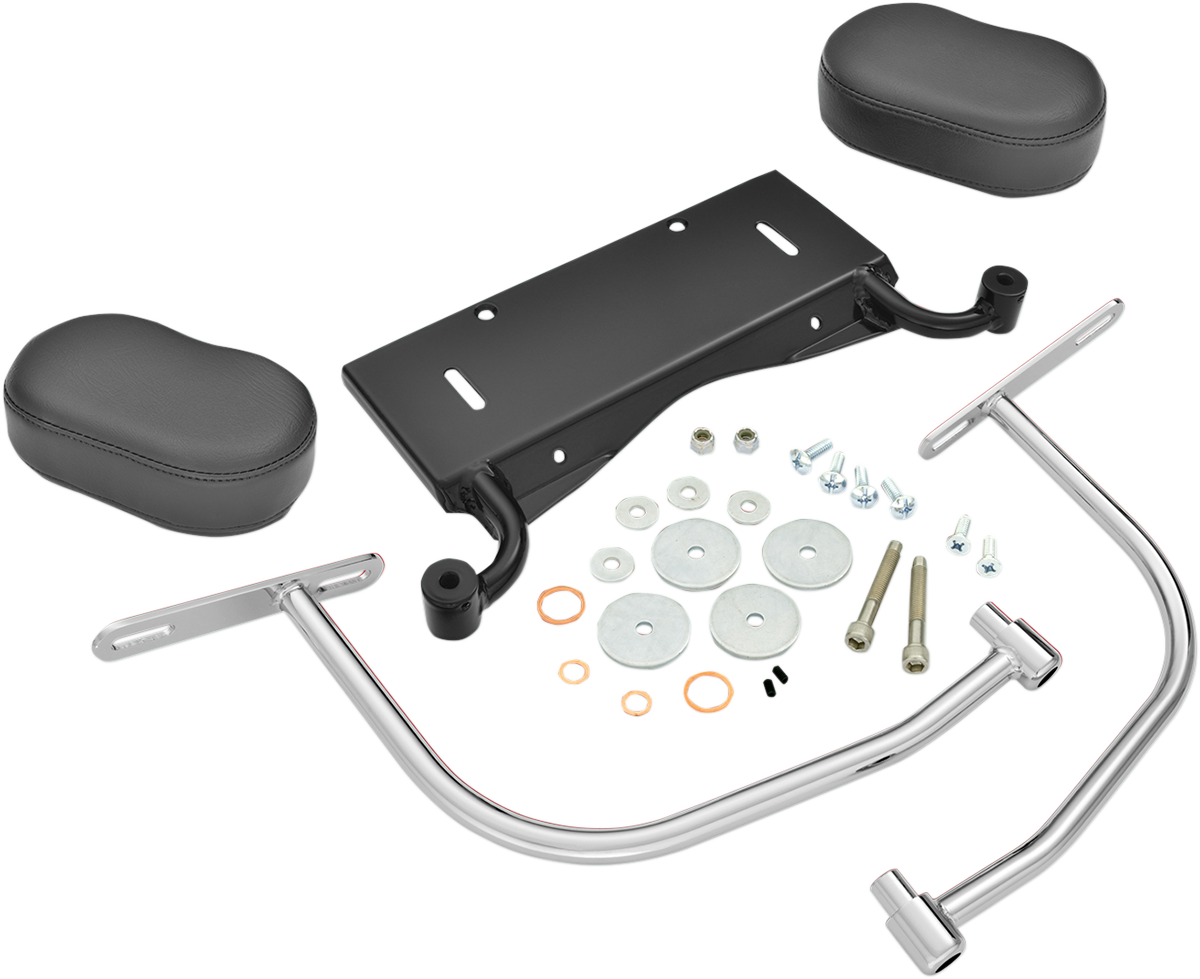 Engine passenger armrest for FLH motorcycles, Show Chrome brand, with chrome finish and mounting hardware visible.