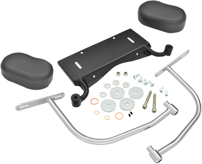 Engine passenger armrest for FLH motorcycles, Show Chrome brand, with chrome finish and mounting hardware visible.