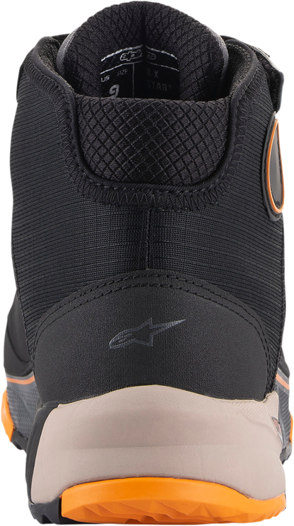 Alpinestars CR-X Drystar® motorcycle shoes in black, brown, and orange with US 13 size, featuring durable design and protective elements.