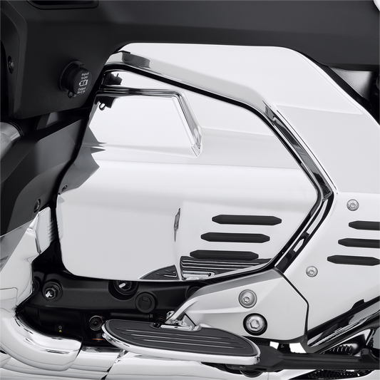 Bill's Exhausts Show Chrome Engine Side Cover for Honda GL1800 motorcycle, shiny chrome finish with detailed design.