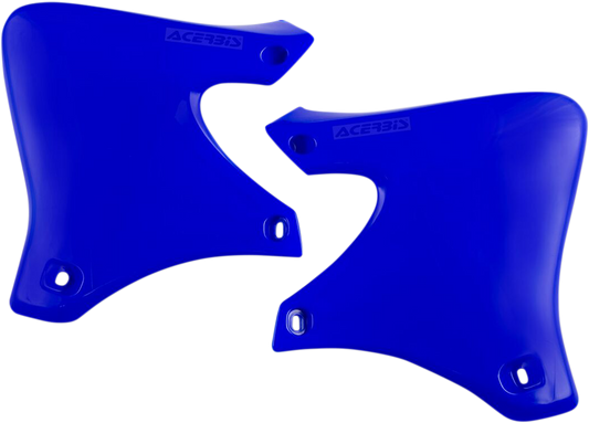 Blue Acerbis radiator shrouds for motorcycle body protection, designed by Bill's Exhausts, shown in a detailed 2D illustration.