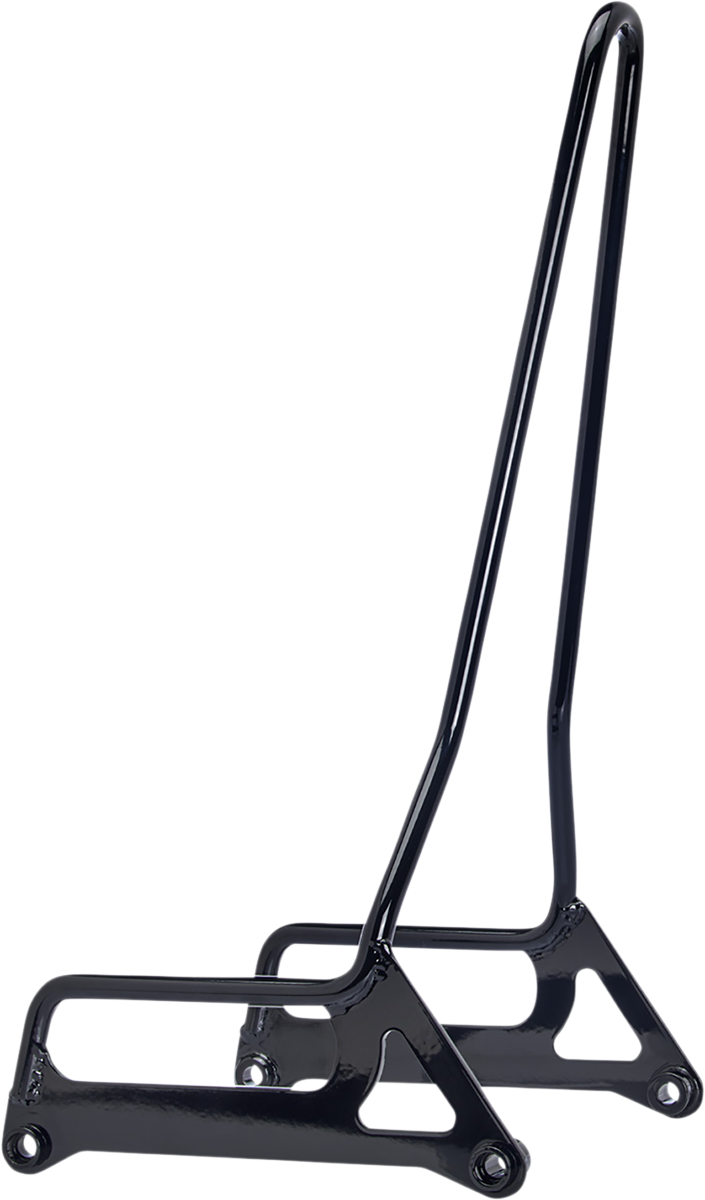 Gloss black BILTWELL EXFIL Sissy Bar for FXD motorcycle, featuring sleek metal construction and mounting hardware.