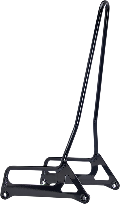Gloss black BILTWELL EXFIL Sissy Bar for FXD motorcycle, featuring sleek metal construction and mounting hardware.