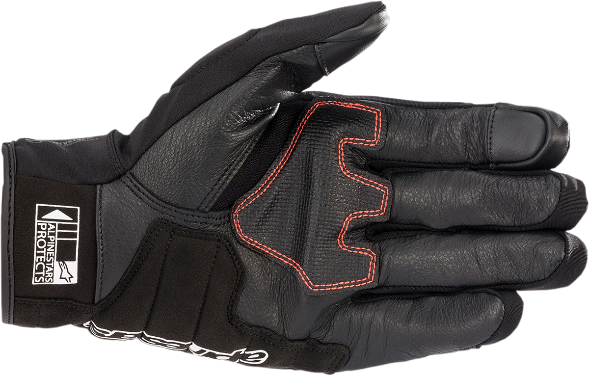 Alpinestars Honda SMX Z Drystar® motorcycle gloves in black, blue, and bright red with protective features, small size.