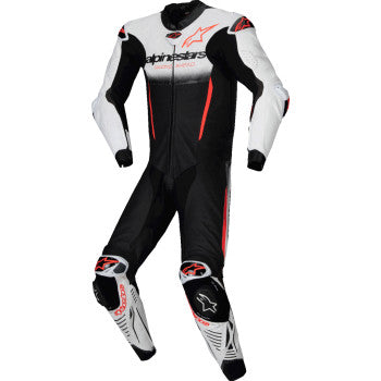 Alpinestars GP-R7 1-piece leather motorcycle suit in white, black, and red, size US 52 / EU 62, shown from the front.