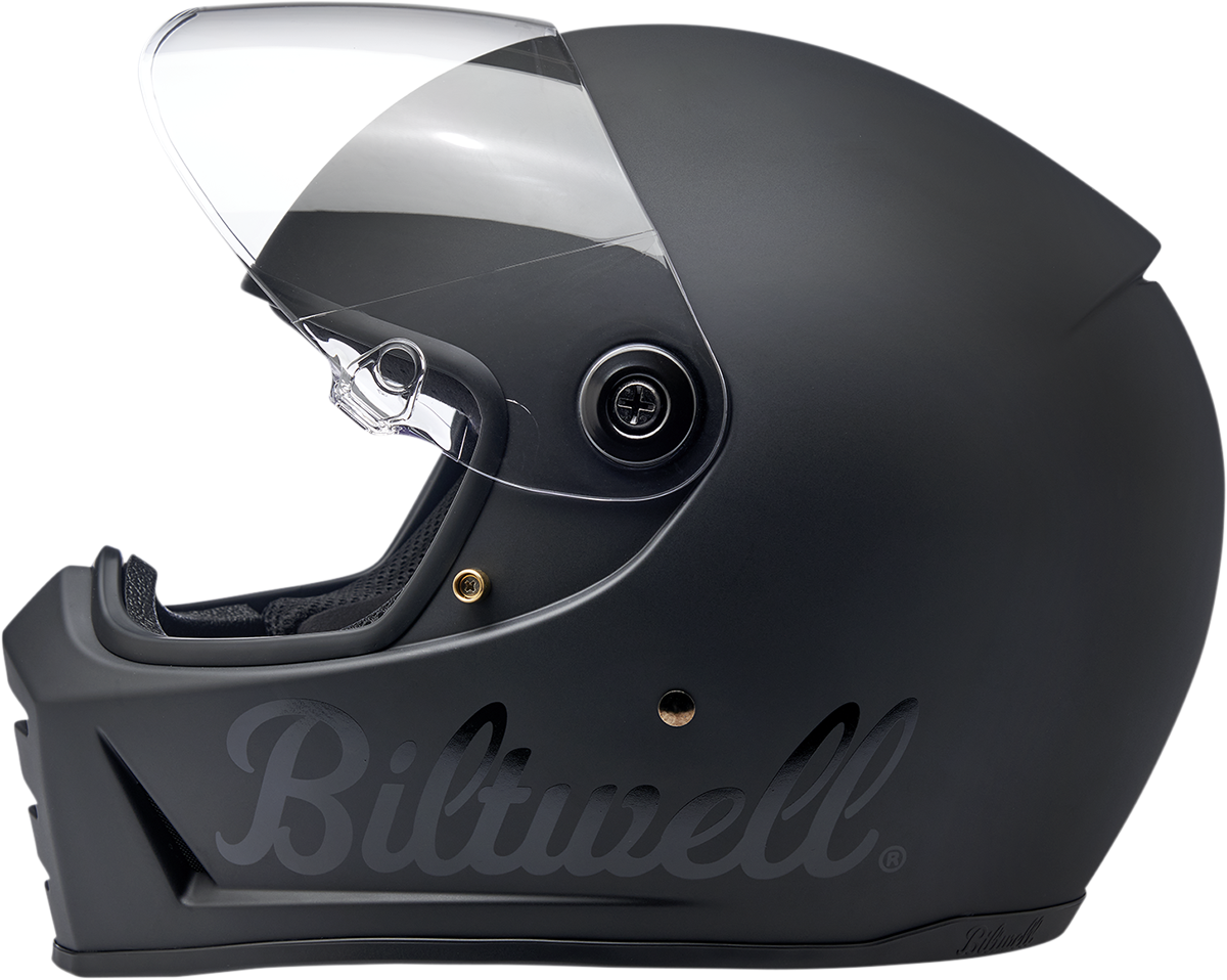Bill's Exhausts BILTWELL Lane Splitter helmet in flat black, small size, showcasing the motorcycle helmet with sleek matte finish.