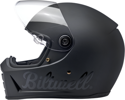 Bill's Exhausts BILTWELL Lane Splitter helmet in flat black, small size, showcasing the motorcycle helmet with sleek matte finish.