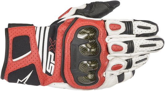 Alpinestars SPX AC V2 motorcycle gloves in white, black, and bright red, size 3XL, featuring protective design and branding.