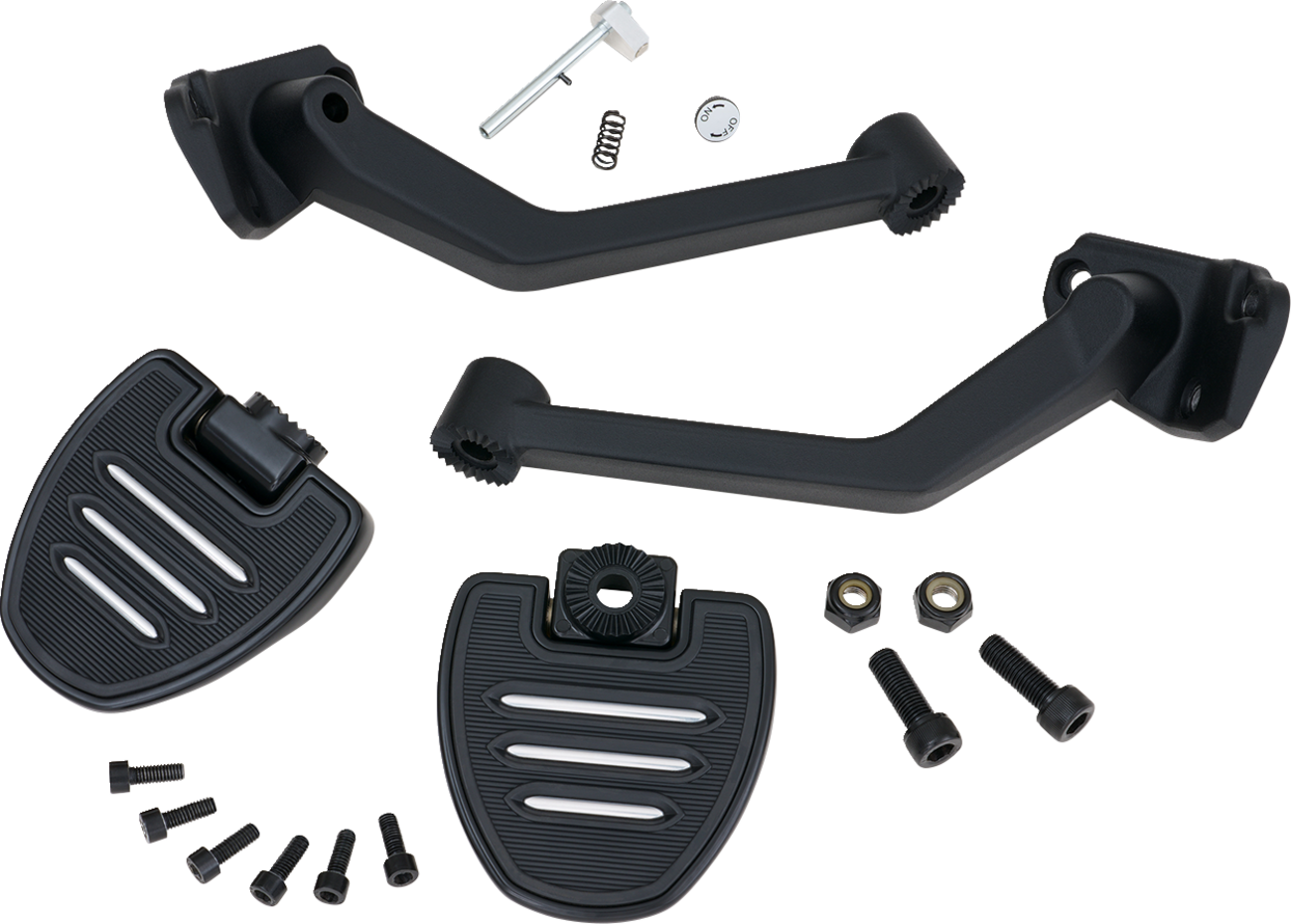 Show Chrome adjustable passenger boards for engine, black finish, featuring sturdy design with mounting hardware for compatible motorcycles.