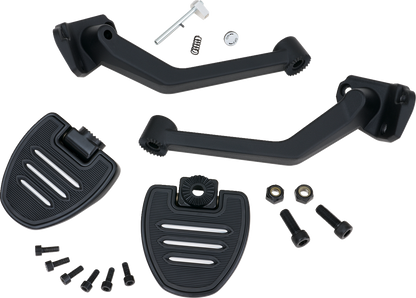Show Chrome adjustable passenger boards for engine, black finish, featuring sturdy design with mounting hardware for compatible motorcycles.