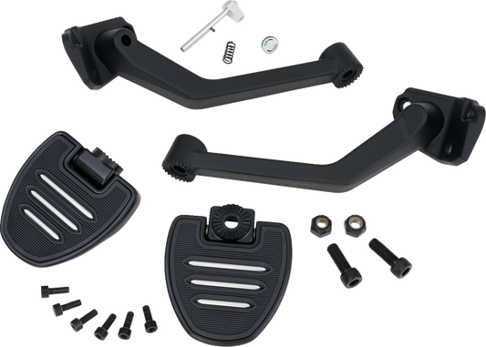 Show Chrome adjustable passenger boards for engine, black finish, featuring sturdy design with mounting hardware for compatible motorcycles.