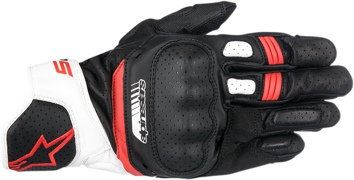 Alpinestars SP-5 motorcycle gloves in black, white, and red with protective features, medium size, displayed on a plain background.