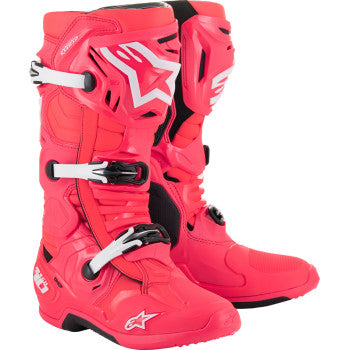 Alpinestars Tech 10 motocross boots in Diva Pink and White, size US 10, with protective features and sleek design.