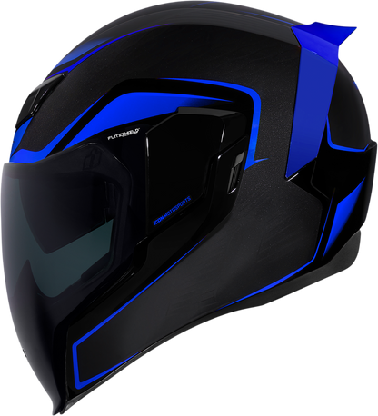 Blue ICON Airflite™ Crosslink motorcycle helmet with aerodynamic design and clear visor, medium size, featuring Bill's Exhausts branding.