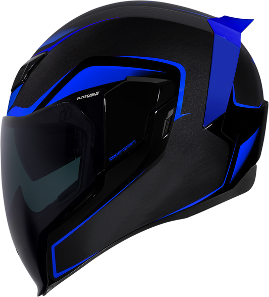 Blue ICON Airflite™ Crosslink motorcycle helmet with aerodynamic design and clear visor, medium size, featuring Bill's Exhausts branding.