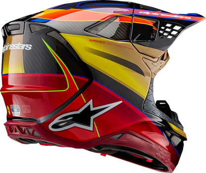 Alpinestars Supertech M10 helmet in gloss gold, yellow, and Rio Red with MIPS® padding, shown from a side angle.