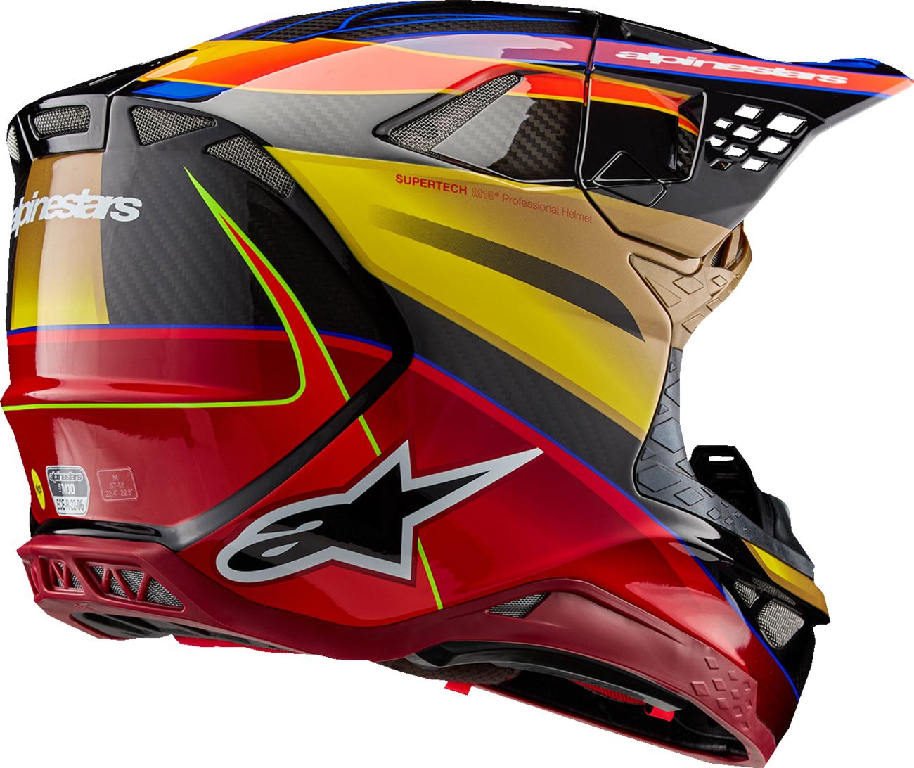 Alpinestars Supertech M10 Era helmet in gloss gold, yellow, and Rio red with MIPS® protection, small size, front view.