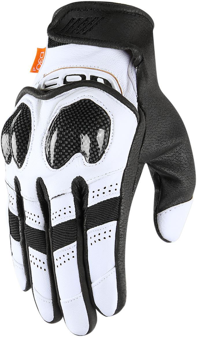 White ICON Contra2™ gloves in 3XL size, showing the protective design and textured surface for motorcycle riding comfort.