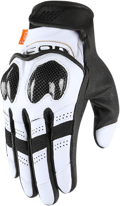 White ICON Contra2™ gloves in 3XL size, showing the protective design and textured surface for motorcycle riding comfort.