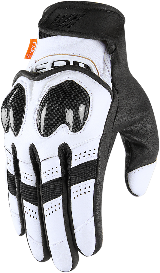 White ICON Contra2™ gloves in 3XL size, showing the protective design and textured surface for motorcycle riding comfort.