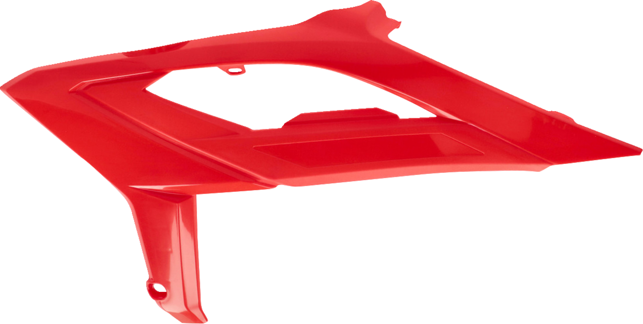 Red ACERBIS radiator shrouds for motorcycle body, featuring sleek design and durable construction, with visible mounting areas.