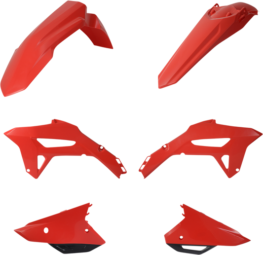 Red ACERBIS standard replacement body kit for CRF250R 2022-2023 and CRF450R 2021-2023 motorcycle, shown on a bike.