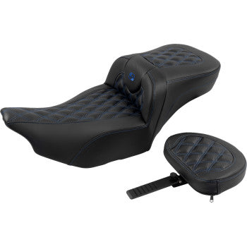 SADDLEMEN Roadsofa™ extended reach motorcycle seat with backrest, blue lattice stitch for FLTR/FLHX 2023-2024, by Bill's Exhausts