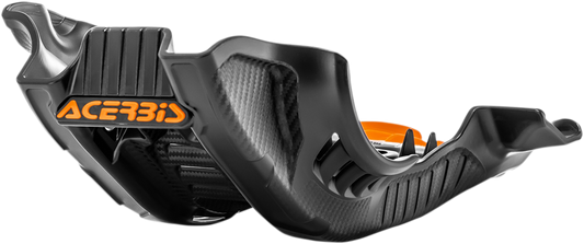 Black Acerbis skid plate for Husqvarna and KTM bikes, with orange accents, protects the motorcycle body during off-road riding.