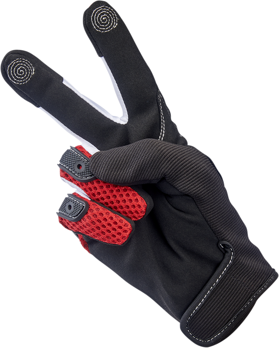 Red BILTWELL Anza gloves in size XS, made by Bill's Exhausts, shown with detailed stitching and snug fit design.