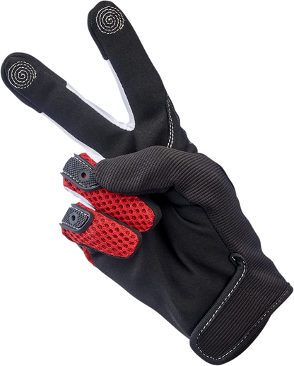 Red BILTWELL Anza gloves in size XS, made by Bill's Exhausts, shown with detailed stitching and snug fit design.