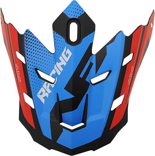 Bill's Exhausts AFX FX-17/FX-17Y helmet with peak, matte black, red, white, and blue design, front view showing helmet details.
