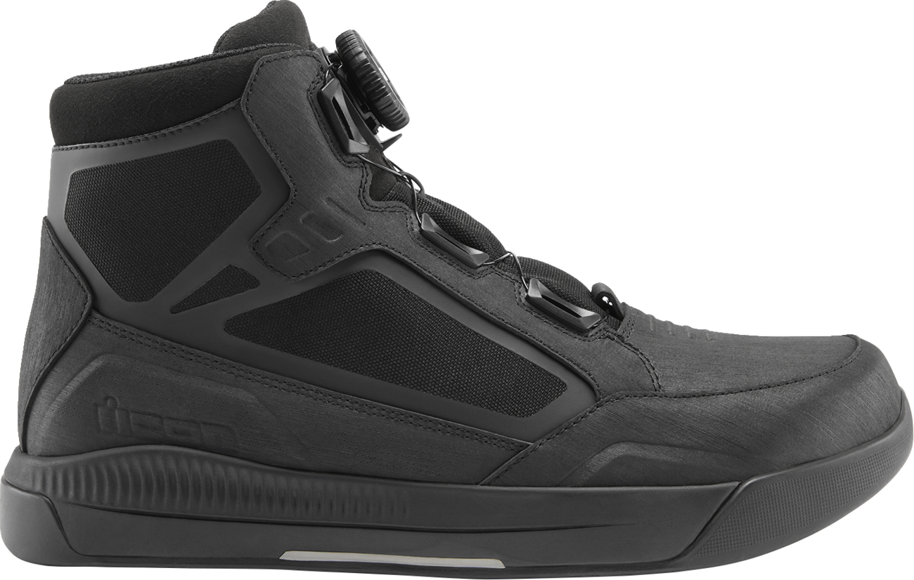 Bill's Exhausts ICON Patrol 3™ waterproof black boots in size 8 with sturdy design and durable rubber soles.