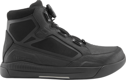 Bill's Exhausts ICON Patrol 3™ waterproof black boots in size 8 with sturdy design and durable rubber soles.