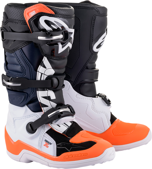 Alpinestars Youth Tech 7S motorcycle boots in black, orange, and white with protective design and sturdy sole.