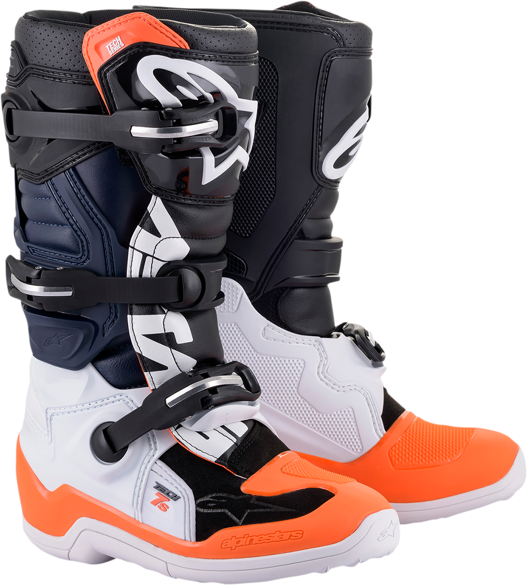 Alpinestars Youth Tech 7S motorcycle boots in black, orange, and white with US size 8, featuring protective design and sturdy construction.