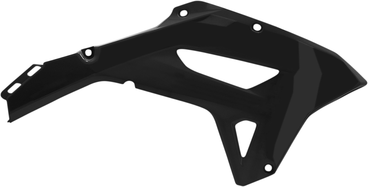 Black ACERBIS radiator shroud for motorcycle body parts, designed for durability and style, shown in the image.