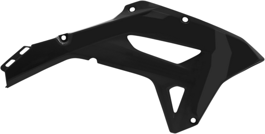 Black ACERBIS radiator shroud for motorcycle body parts, designed for durability and style, shown in the image.
