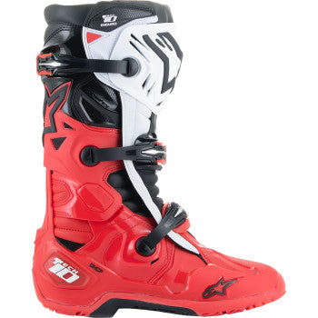 Alpinestars Tech 10 Enduro Boots in bright red, black, and white with sturdy design and protective features for off-road riding.
